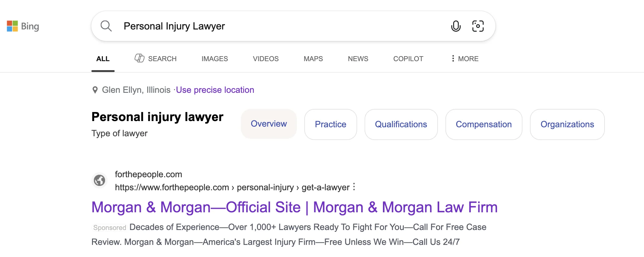 Bing search engine results page showing a personal injury lawyer search with knowledge panel, practice area filters, and sponsored law firm listings - demonstrating the advertising opportunity on Microsoft Bing for law firms