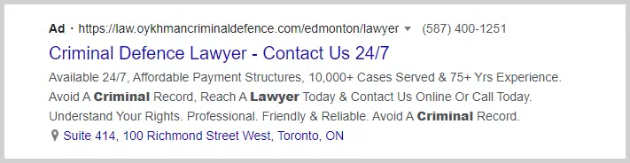 toronto criminal lawyer google ad