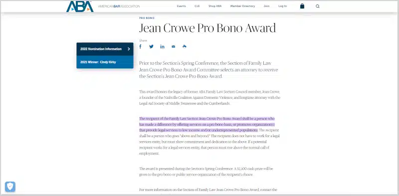 Jean Crowe Pro Bono Award