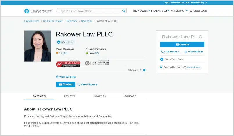 Legal Directories Lawyers.com Rakower
