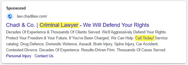 google ad copy example for law firms